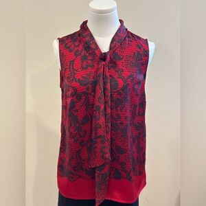 Halogen Red & Black Sateen Floral Print Sleeveless. Tie In Front Sz XS.
